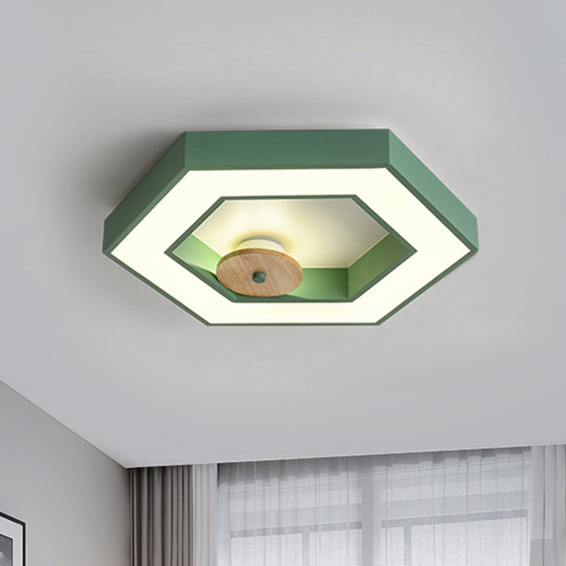 Illuminazione da incasso a soffitto metallico a LED Macaron con cornice esagonale per camera da letto in verde/grigio/nero e legno
