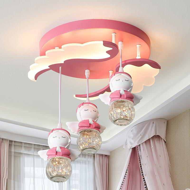 Angle Shape Semi Flush Lighting Cartoon Resin 3/4 Lights Pink Close to Ceiling Lamp with Wing Design