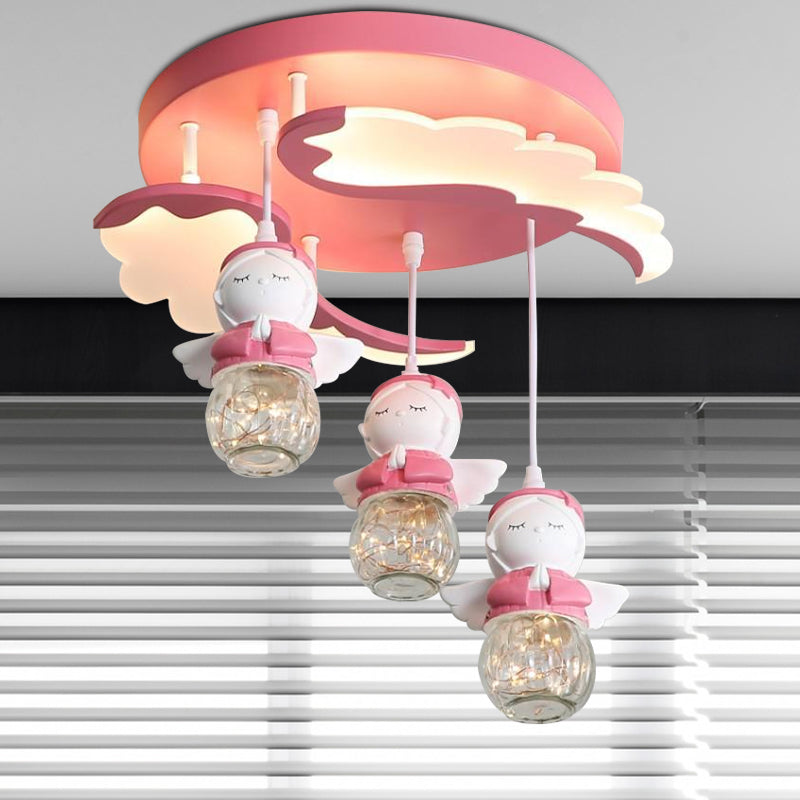 Angle Shape Semi Flush Lighting Cartoon Resin 3/4 Lights Pink Close to Ceiling Lamp with Wing Design