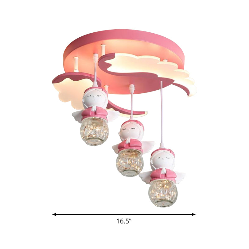 Angle Shape Semi Flush Lighting Cartoon Resin 3/4 Lights Pink Close to Ceiling Lamp with Wing Design
