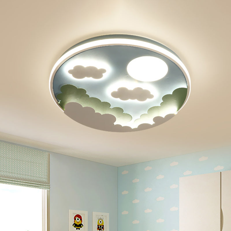 Led Nursery Flush Mount Light Fixture Cartoon Blue Ceiling Lamp with Cloud and Moon Acrylic Shade