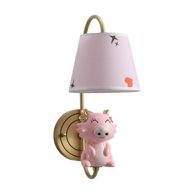 Barrel Applexion luminaire Kids Tissu Fabric Single Head Gold Wall Éclairage avec dessin animé cochon / souris / Dragon Decoration