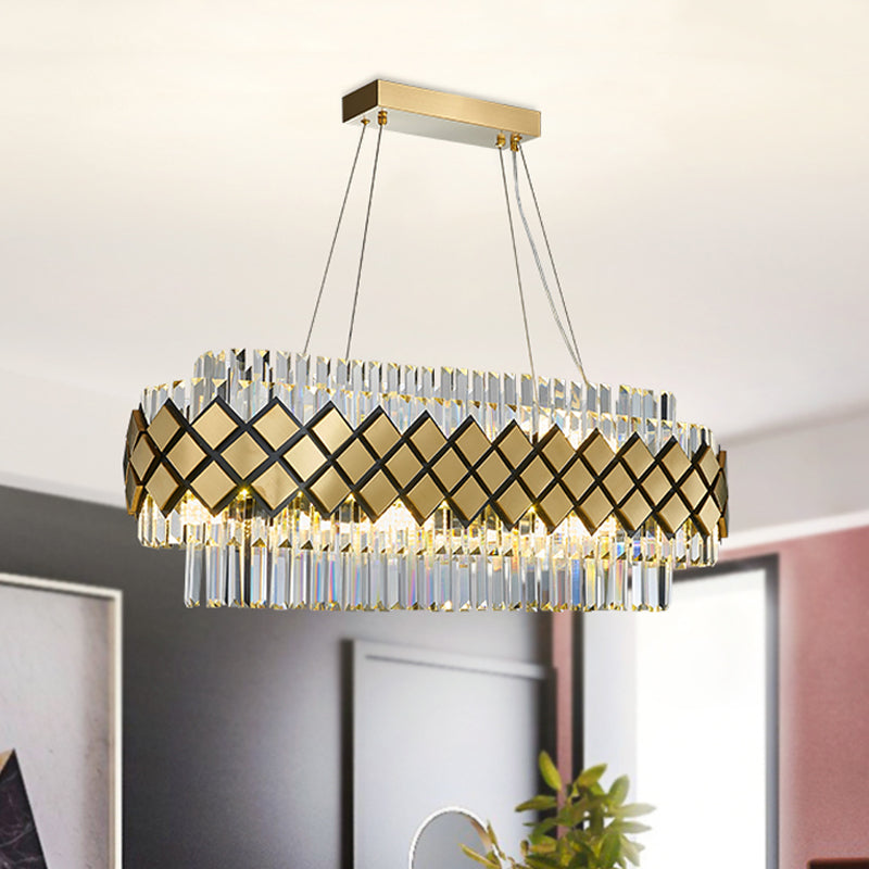 Crystal Block Oval Island Light Contemporary 16-Light Dining Room Pendant Lighting in Gold with Lattice Frame