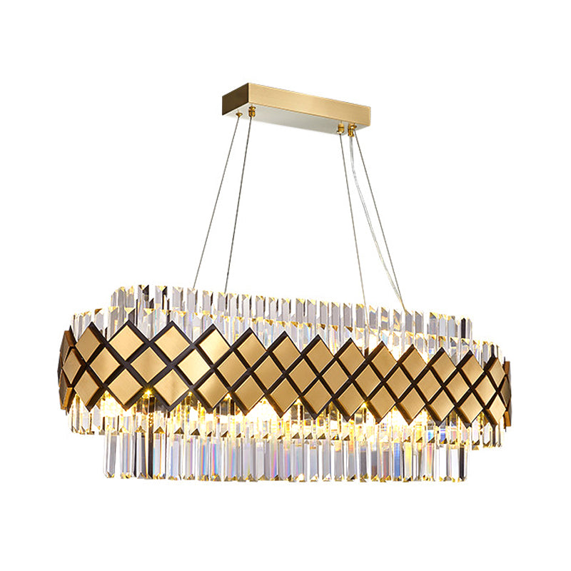 Crystal Block Oval Island Light Contemporary 16 Light La illuminazione a sospensione in oro con cornice reticolare