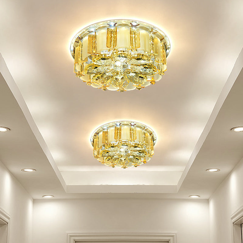 Lampada da incasso a soffitto moderna a LED con fiore in cristallo ambrato, montaggio a incasso nel soffitto del corridoio con paralume a tamburo