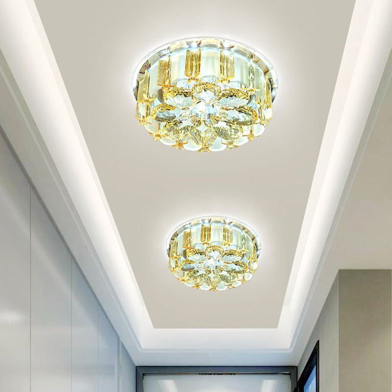 Amber Crystal Flower Flush Light Contemporary LED Hallway Ceiling Flush Mount with Drum Shade
