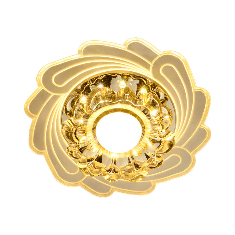 Floral Crystal Ceiling Light Flush Mount Simplicity LED Hallway Flushmount in White with Spiral Edge, Warm/White/Multi Color Light