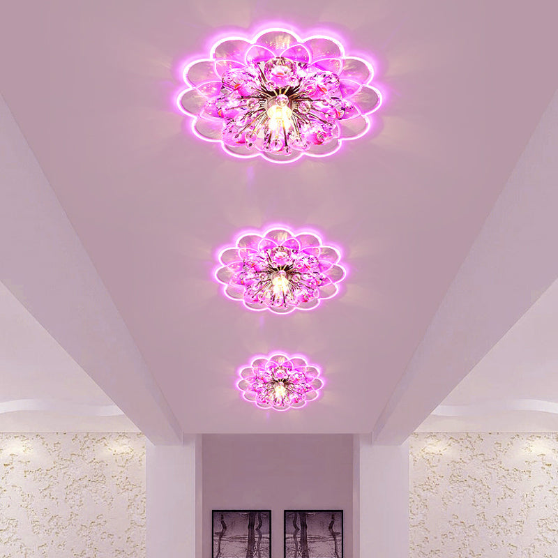 LED Ceiling Lighting Modernism Floral Beveled Crystal Flush Mount in Red for Porch, Pink/White/Warm Light