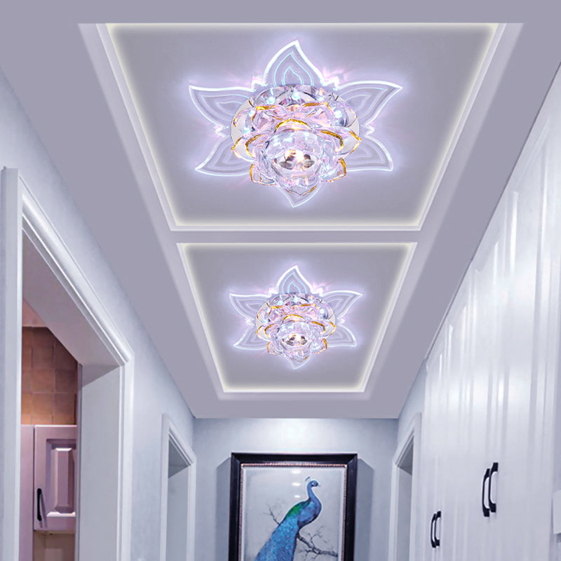LED Flushmount Simplicity Bedroom Ceiling Lamp with Flower Crystal Shade in Yellow, Warm/White/Multi Color Light