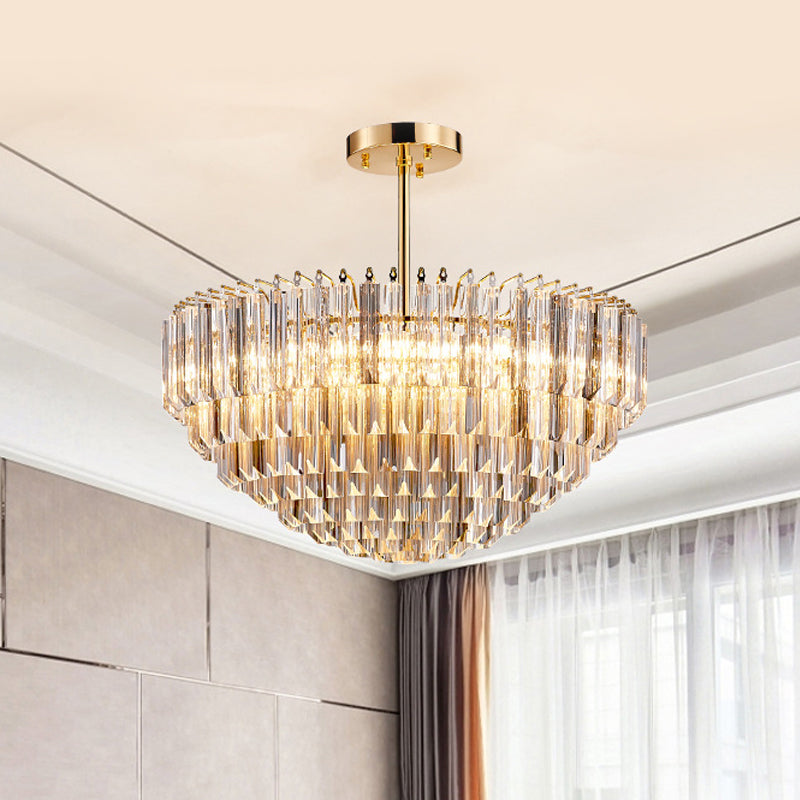 10 lichten Conic Semi Mount Lighting Modernistisch Gold Facet Crystal Plafond Light -armatuur met gelaagd ontwerp