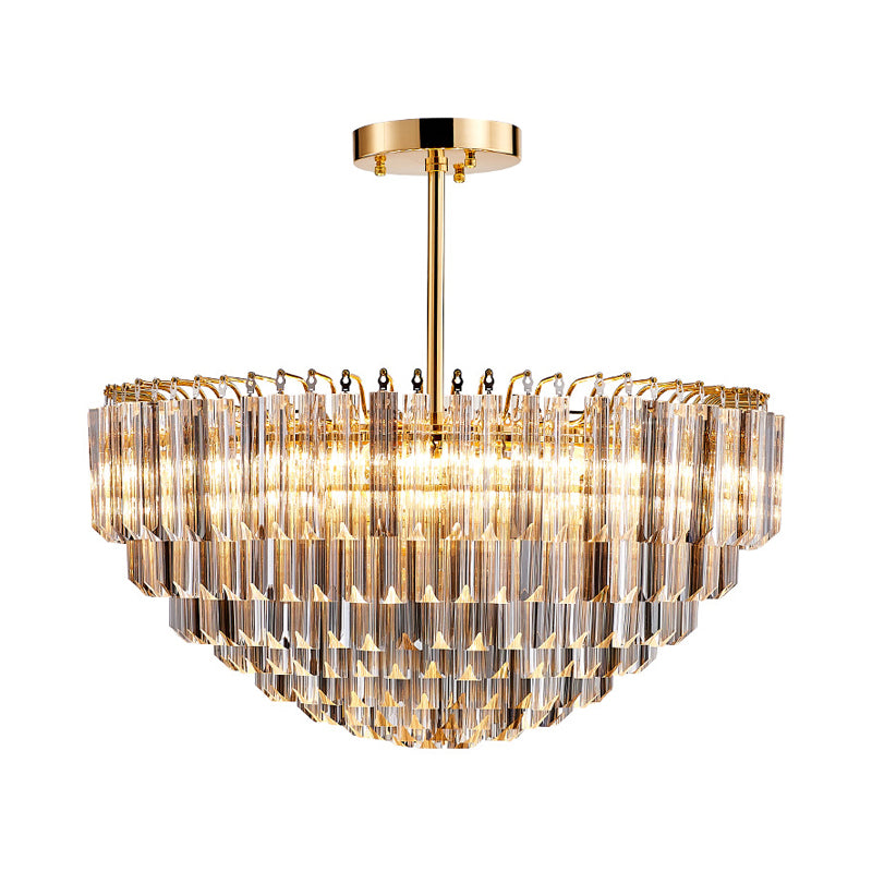 10 Lights Conic Semi Mount Lighting Modernist Gold Faceted Crystal Ceiling Light Fixture with Tiered Design