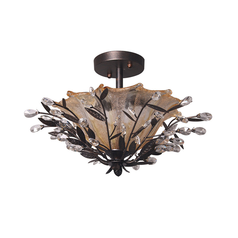 Black Flared Semi Flush Mount Modernism Amber Glass 2 Heads Living Room Ceiling Light Fixture with Branch Crystal Accent