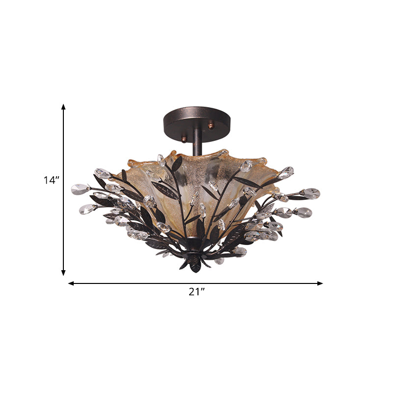 Black Flared Semi Flush Mount Modernism Amber Glass 2 Heads Living Room Ceiling Light Fixture with Branch Crystal Accent