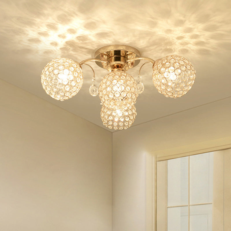 6/9 Heads Semi-Flush Mount Light Minimalist Ceiling Mounted Fixture with Sphere Crystal Embedded Shade in Gold