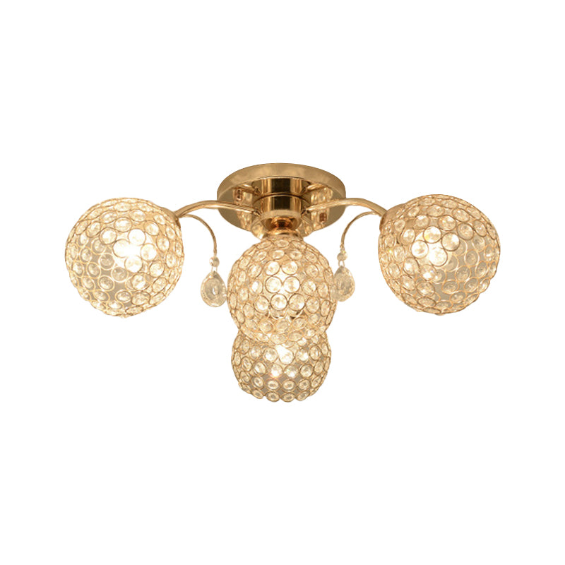 6/9 Heads Semi-Flush Mount Light Minimalist Ceiling Mounted Fixture with Sphere Crystal Embedded Shade in Gold
