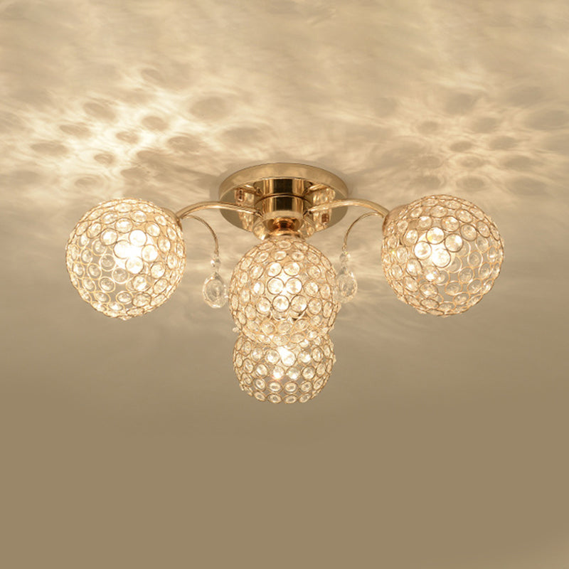 6/9 Heads Semi-Flush Mount Light Minimalist Ceiling Mounted Fixture with Sphere Crystal Embedded Shade in Gold