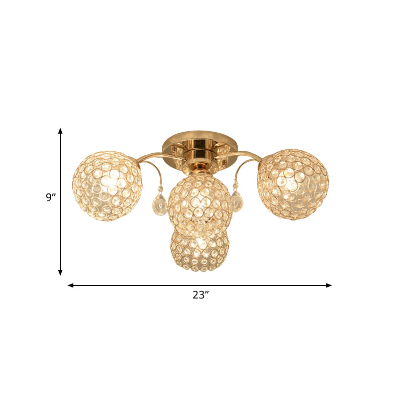6/9 Heads Semi-Flush Mount Light Minimalist Ceiling Mounted Fixture with Sphere Crystal Embedded Shade in Gold