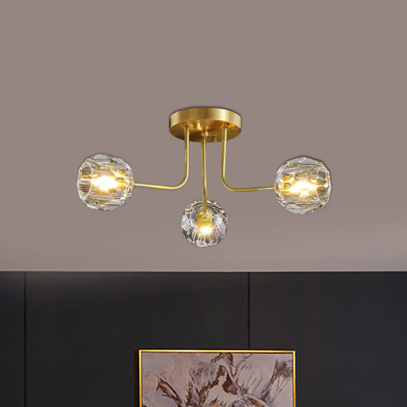 Moderne Ball Semi Flush Light 3/5-Light Clear Crystal Deckenbeleuchtung in Gold mit Sputnik-Design