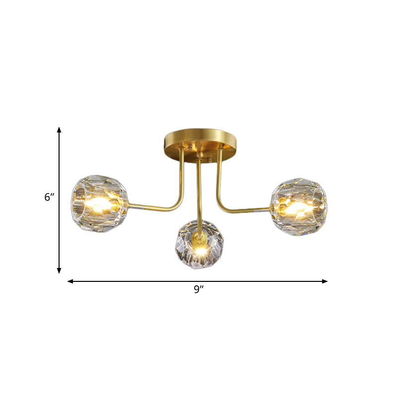 Moderne Ball Semi Flush Light 3/5-Light Clear Crystal Deckenbeleuchtung in Gold mit Sputnik-Design