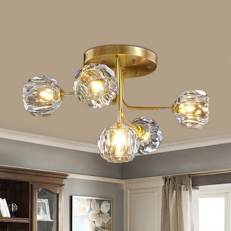 Moderne Ball Semi Flush Light 3/5-Light Clear Crystal Deckenbeleuchtung in Gold mit Sputnik-Design