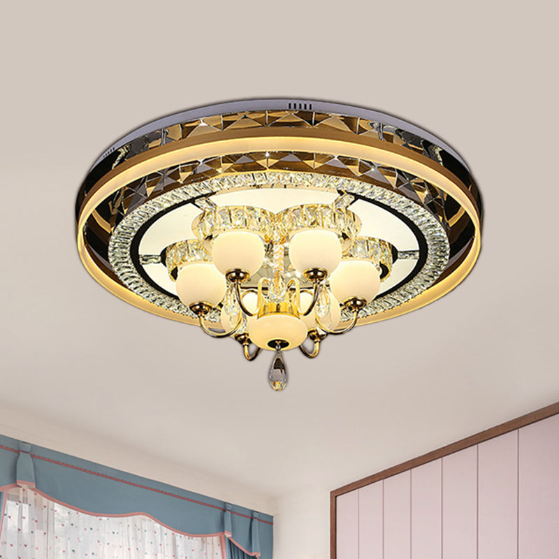 LED Circular Flush Light Simple Gold Beveled Crystal Ceiling Lamp with Opal Glass Shade in Remote Control Stepless Dimming