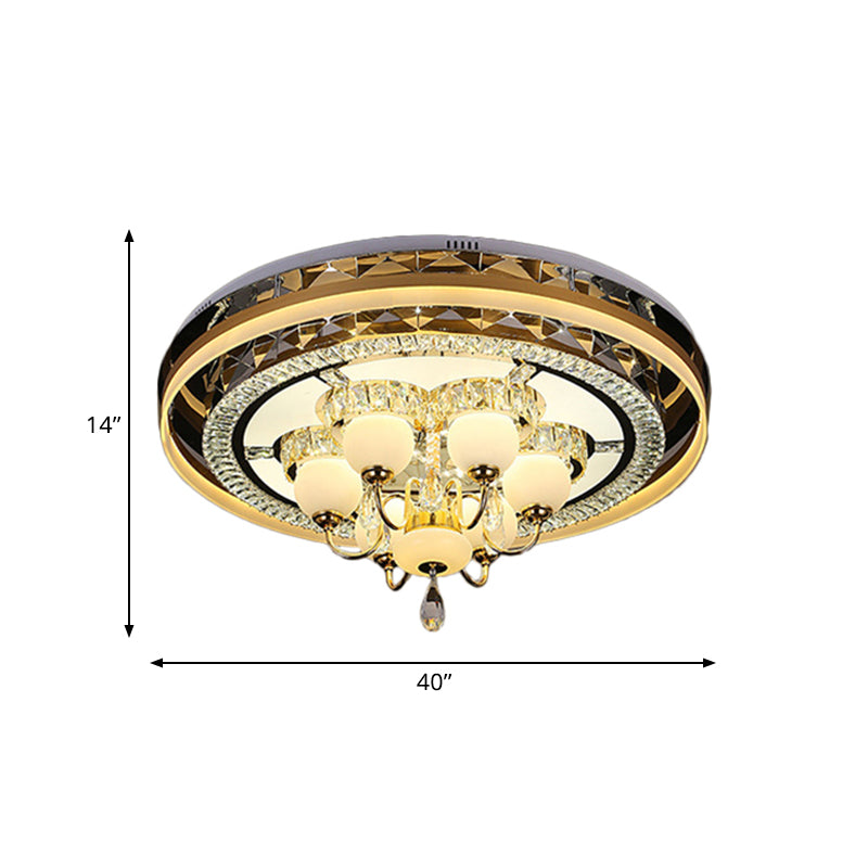 LED Circular Flush Light Simple Gold Beveled Crystal Ceiling Lamp with Opal Glass Shade in Remote Control Stepless Dimming