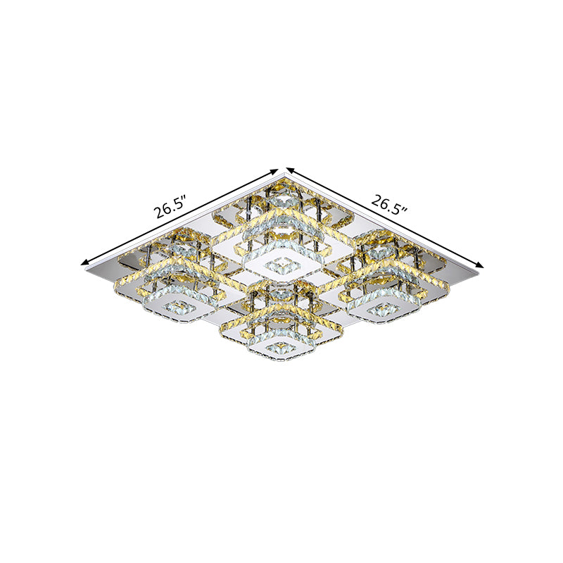 LED Ceiling Flush Mount Contemporary Bedroom Flush Light with Square Beveled Crystal Shade in Chrome