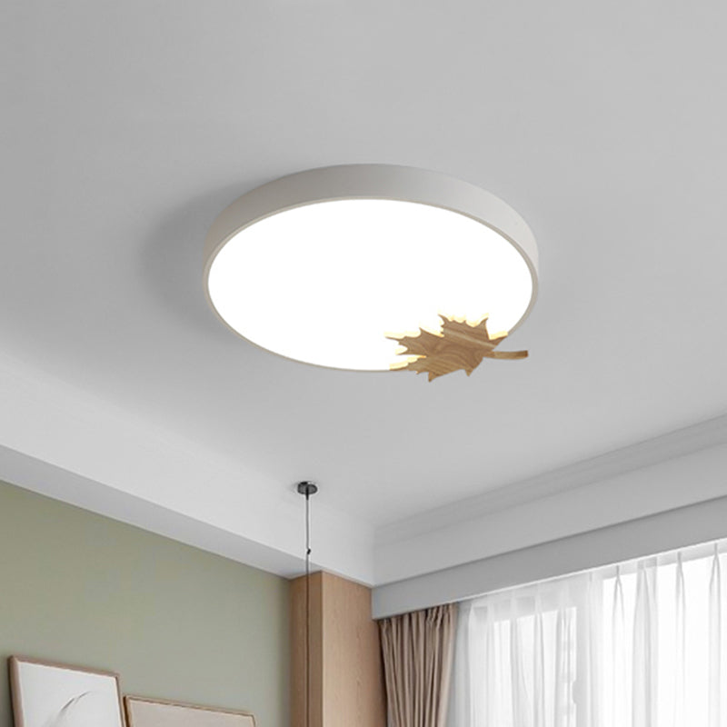 Drum Ceiling Mount Modern Acrylic Led Gray/White/Green Flush Light Fixture for Bedroom with Maple Leaf