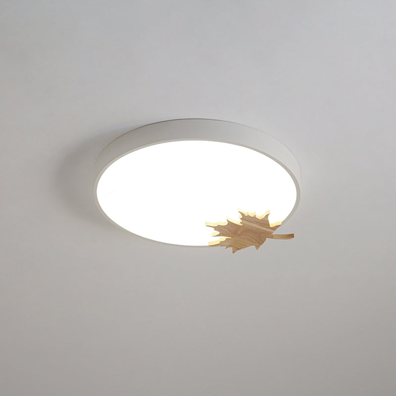 Drum Ceiling Mount Modern Acrylic Led Gray/White/Green Flush Light Fixture for Bedroom with Maple Leaf