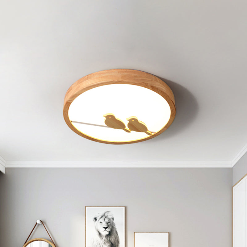 Drum Acrylic Ceiling Mounted Light Modern Led Wood Flush Light Fixture with Bird Pattern