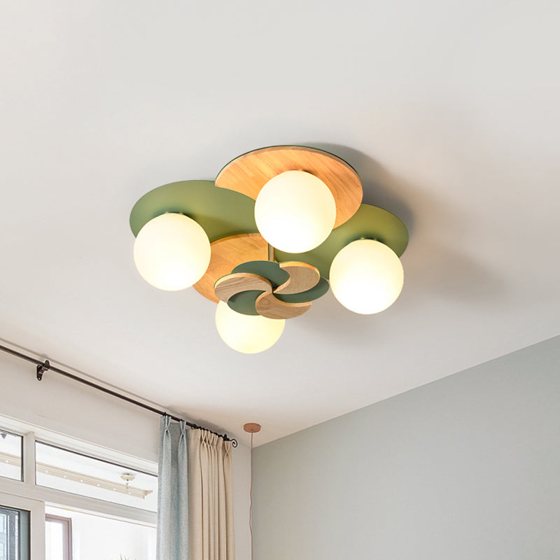 Nordic Windmill Wood Semi-Flush Mount Lighting 4 Bulbs Ceiling Fixture for Bedroom in Green/White