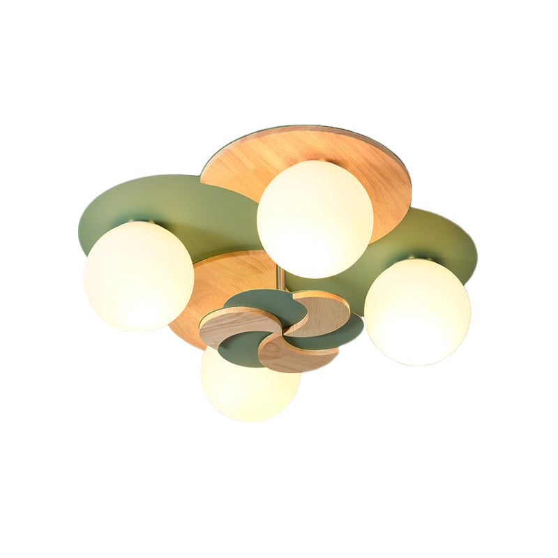 Nordic Windmill Wood Semi-Flush Mount Lighting 4 Bulbs Ceiling Fixture for Bedroom in Green/White