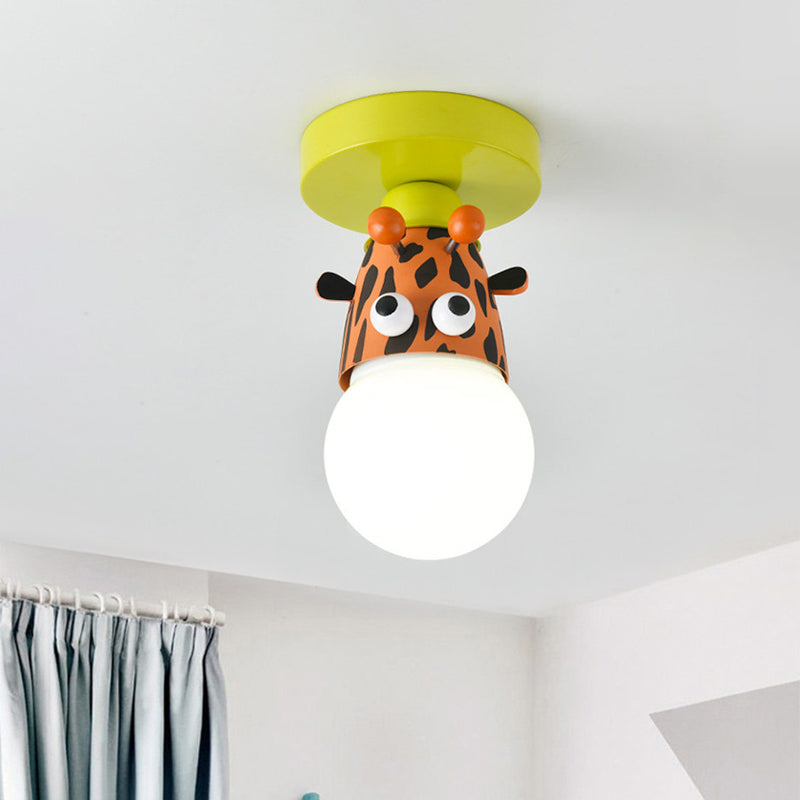 Single Bulb Bedroom Semi-Flush Mount Lighting Kids Yellow Ceiling Lamp with Giraffe / Monkey / Tiger Metal Shade