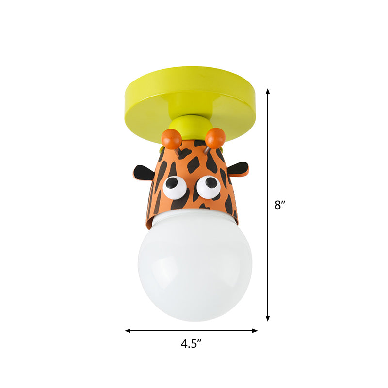 Single Bulb Bedroom Semi-Flush Mount Lighting Kids Yellow Ceiling Lamp with Giraffe / Monkey / Tiger Metal Shade
