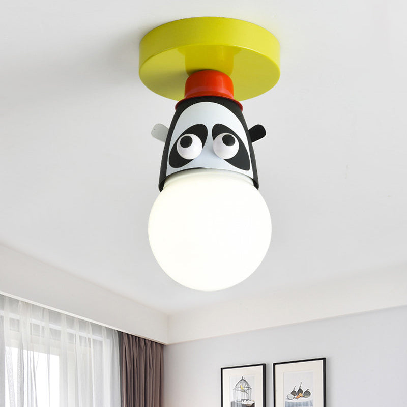Single Bulb Bedroom Semi-Flush Mount Lighting Kids Yellow Ceiling Lamp with Giraffe / Monkey / Tiger Metal Shade