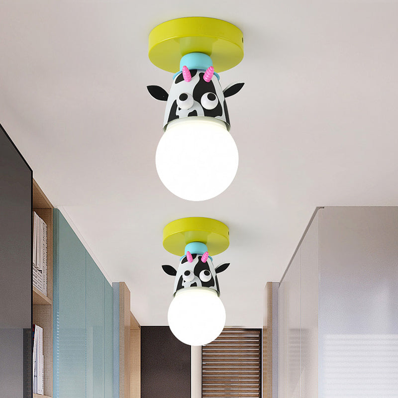 Single Bulb Bedroom Semi-Flush Mount Lighting Kids Yellow Ceiling Lamp with Giraffe / Monkey / Tiger Metal Shade