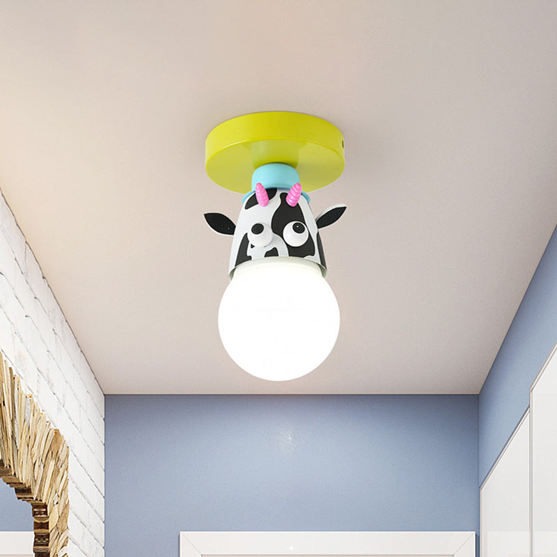 Single Bulb Bedroom Semi-Flush Mount Lighting Kids Yellow Ceiling Lamp with Giraffe / Monkey / Tiger Metal Shade