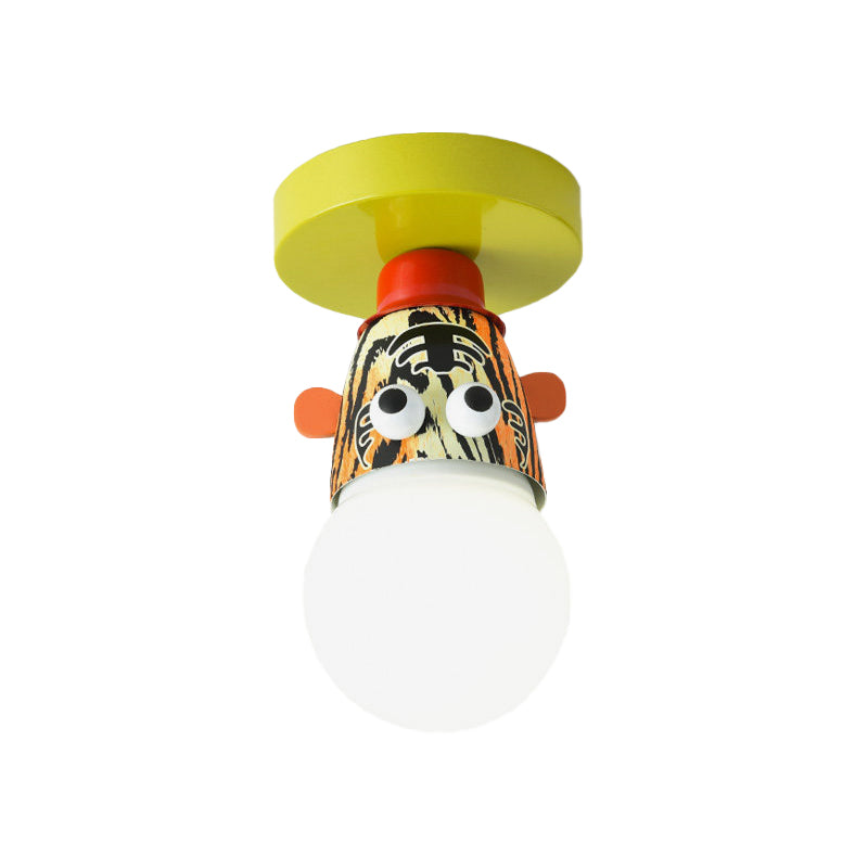 Single Bulb Bedroom Semi-Flush Mount Lighting Kids Yellow Ceiling Lamp with Giraffe / Monkey / Tiger Metal Shade