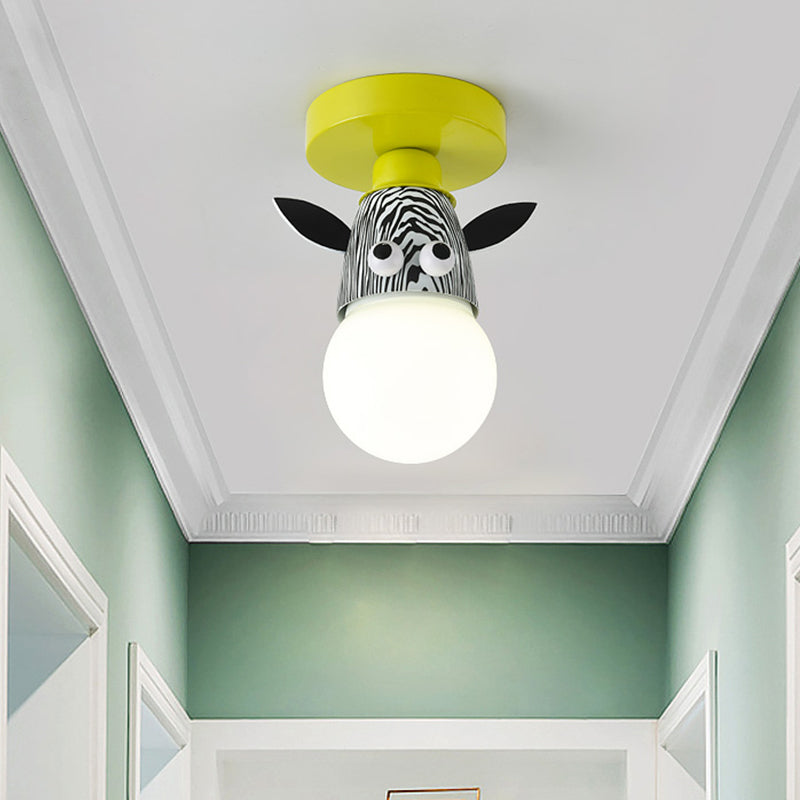 Single Bulb Bedroom Semi-Flush Mount Lighting Kids Yellow Ceiling Lamp with Giraffe / Monkey / Tiger Metal Shade