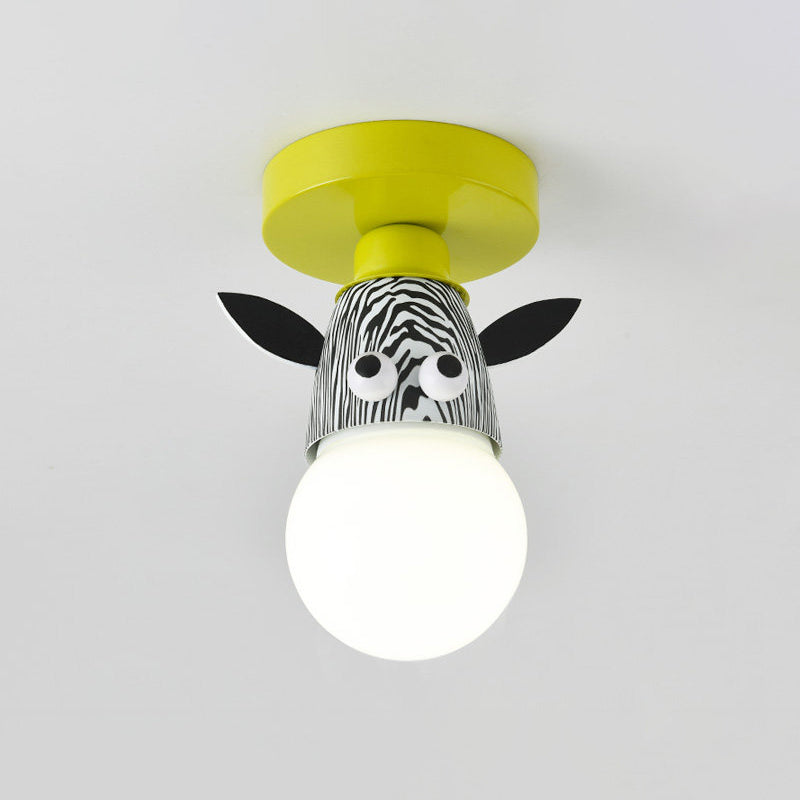 Single Bulb Bedroom Semi-Flush Mount Lighting Kids Yellow Ceiling Lamp with Giraffe / Monkey / Tiger Metal Shade