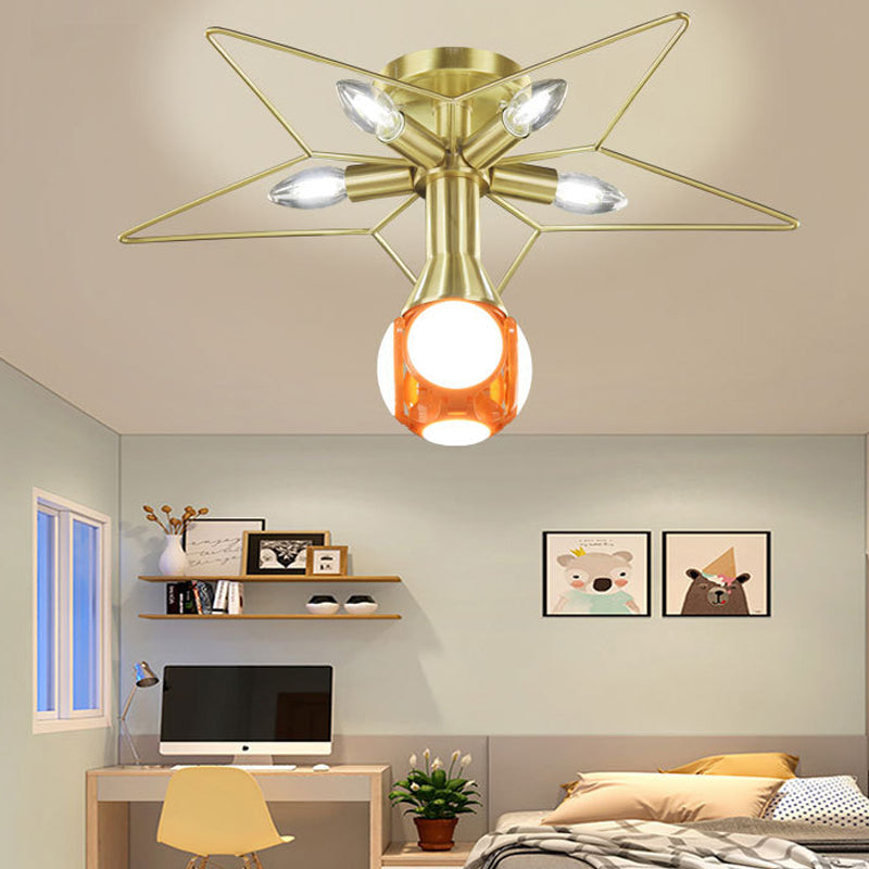 Modern 6 Bulbs Semi-Flush Mount Lighting with Metal Shade White/Red Star Ceiling Lamp for Bedroom
