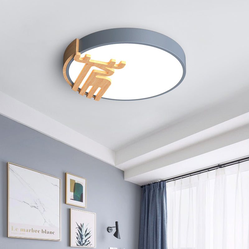 Drum Flush Light Fixture Nordic Acrilico Led Grigio / Bianco / Verde Close to Ceiling Light con Wood Deere Decoration