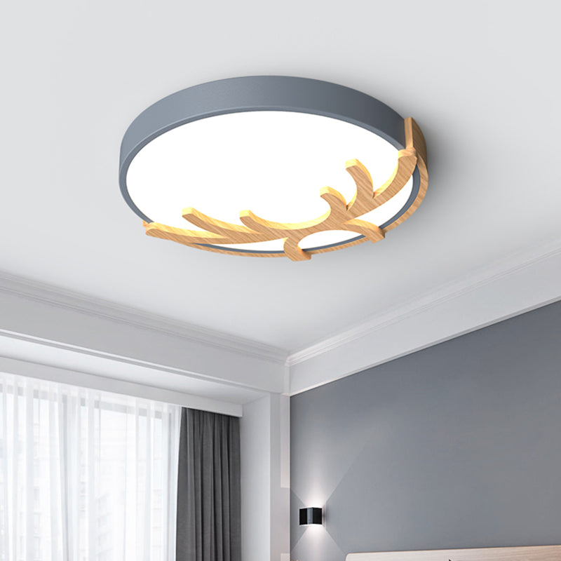 Lampada da soffitto rotonda acrilica Nordic Led Flushmount Illuminazione con legno Antler in bianco/verde/grigio