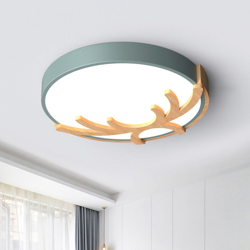 Lampada da soffitto rotonda acrilica Nordic Led Flushmount Illuminazione con legno Antler in bianco/verde/grigio