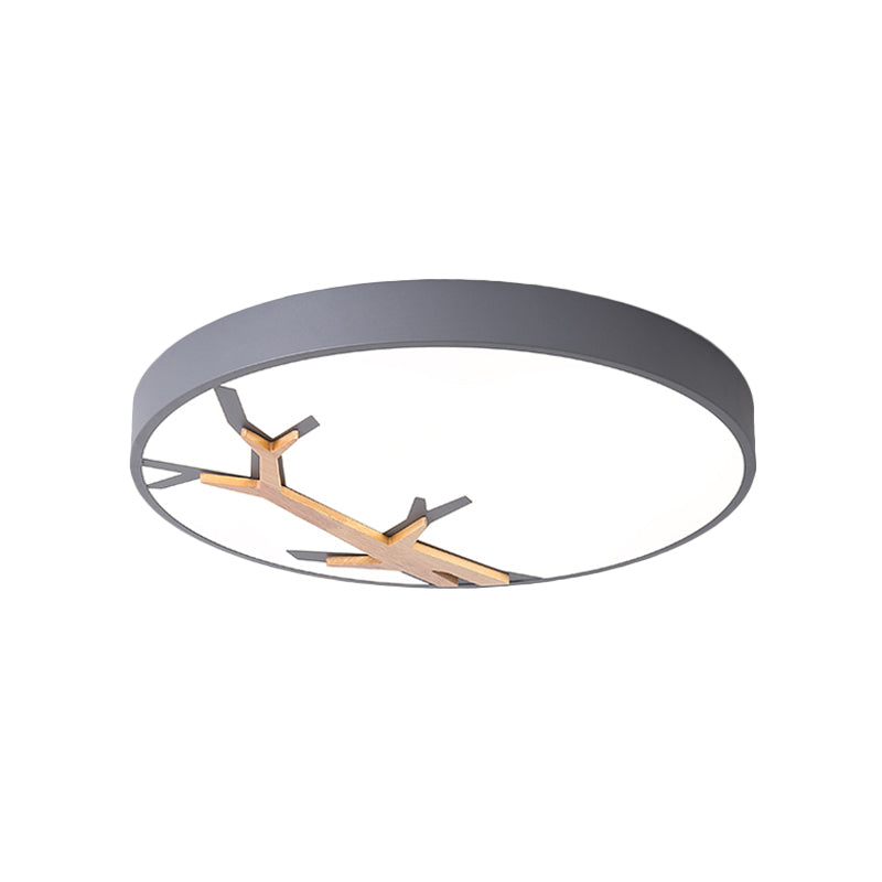Nordic Round Iron Flushmount LED Ceiling Lighting with Withered Branch Pattern in Grey/White/Blue-Wood