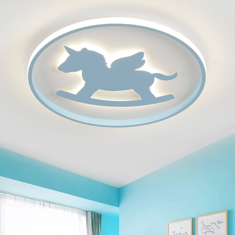 Cartoon LED Flush Mount Lighting Pink/Blue Dinosaur/Carousel Super Thin Ceiling Fixture with Acrylic Shade