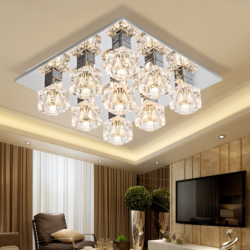 LED Cubic Flushmount Light Contemporary Chrome Finish Clear Crystal Close to Ceiling Lamp for Living Room
