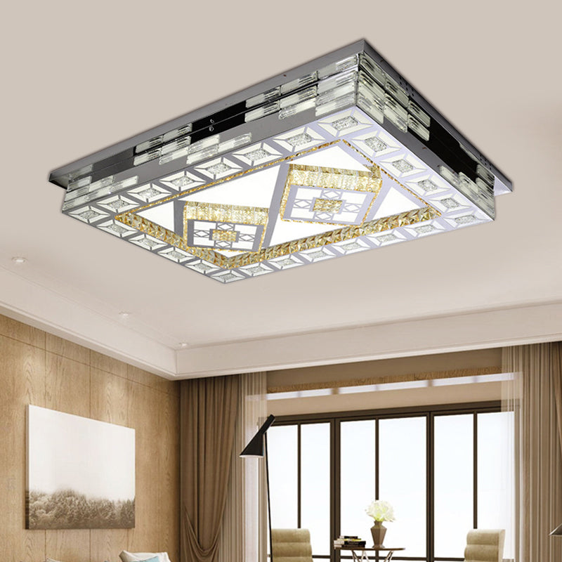 Rectangle Living Room Ceiling Lamp Minimal Amber Crystal LED Chrome Flush Light with Flower/Heart/Square Pattern