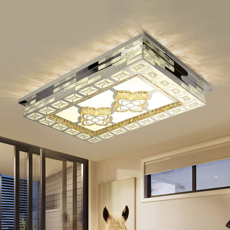 Rectangle Living Room Ceiling Lamp Minimal Amber Crystal LED Chrome Flush Light with Flower/Heart/Square Pattern
