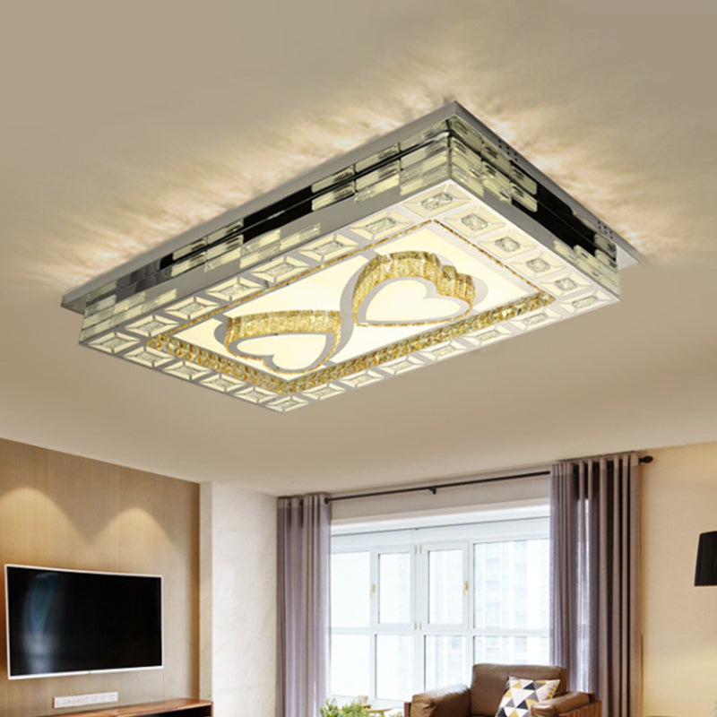 Rectangle Living Room Ceiling Lamp Minimal Amber Crystal LED Chrome Flush Light with Flower/Heart/Square Pattern